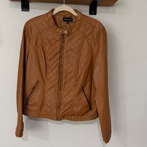 New Look Quilted Faux Leather Jacket in Cognac Brown